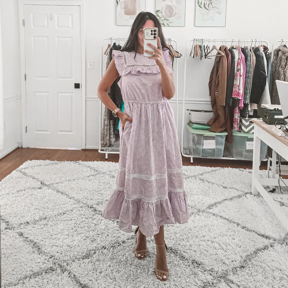 J.Crew Lavender Stripe Ruffle Tiered Midi Dress Size S - Picture 2 of 12